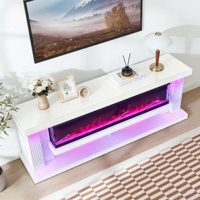 Șemineu Electric cu Flacără LED în 7 Culori, Comodă TV, Bluetooth, Difuzoare Integrate, Iluminare LED Ambientală, Telecomandă, MDF, Finisaj Alb Oglindă