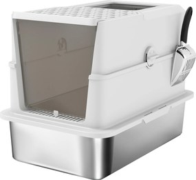 PawHut Tavă de litieră închisă pentru pisici, casă de toaletă din oțel inoxidabil pentru pisici, 60,2 x 40,2 x 43,7 cm, gri deschis | Aosom Romania