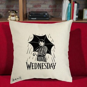 Perna Personalizata Wednesday cu Umbrela Ploaie Lineart, 40x40 cm, Ecru, Husa Detasabila, Perna Inclusa, BEKZ®