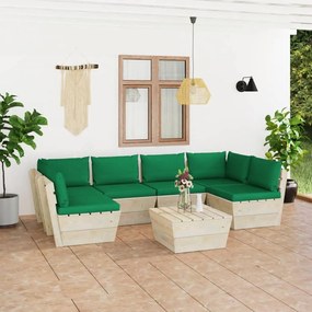 Set mobilier gradina din paleti cu perne, 7 piese, lemn molid Verde, 2x colt + 4x mijloc + masa, 1