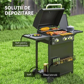 Outsunny Grătar pe Gaz cu Arzătoare Independente 3+1, Capac, Termometru și Măsuță Laterală, 123x57x98 cm, Negru | Aosom Romania