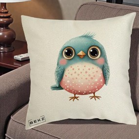 Perna Decorativa Pasare Teal-Roz cu Pete, 40x40 cm, Ecru, Husa Detasabila, Perna Inclusa, BEKZ®