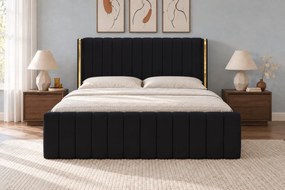 Pat tapițat din catifea Aurelia 160×200 cm, negru, detalii aurii, cu ladă de depozitare