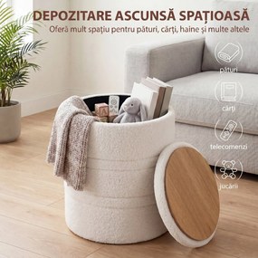 HOMCOM Taburet Rotund Tip Pouf cu Spațiu de Depozitare 33L din Sherpa cu Capac, Capacitate 120kg, Living, Hol, Alb | Aosom Romania