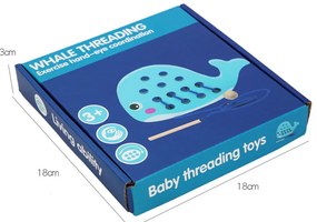 Jucărie din lemn în formă de balenă cu șireturi