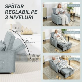 HOMCOM Fotoliu Pat 3 în 1 Pliabil, Spătar Reglabil 3 Poziții, Șezut Spațios, Pernă Detasabilă, Fotoliu Transformabil din Chenille cu Roți și Buzunare, 88x84x87 cm, Gri | Aosom Romania