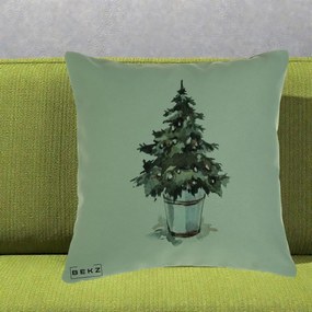 Perna Decorativa Brad in Galeata Watercolor, 40x40 cm, Verde, Husa Detasabila, Perna Inclusa, BEKZ®