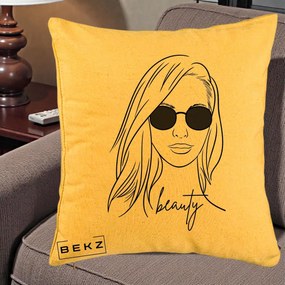 Perna Decorativa Beauty Girl Line Art, 40x40 cm, Galben, Husa Detasabila, Perna Inclusa, BEKZ®