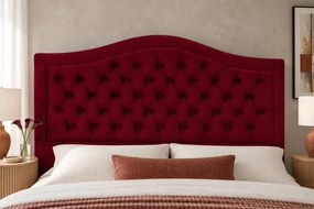 Pat tapițat Chesterfield din catifea Solaria Deluxe 140×200 cm, vișiniu, cu ladă de depozitare