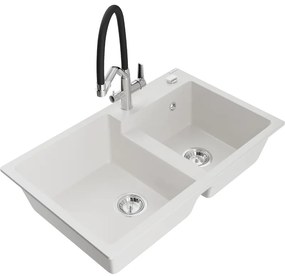Mexen Tomas Chiuvetă de granit cu 2 compartimente și baterie de bucătărie Duo, Albă - 6516-20-671701-07