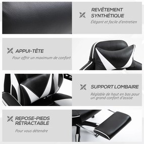 Vinsetto Scaun Gaming Ergonomic, Fotoliu de Birou confortabil cu Suport de Picioare, Perne pentru Cap și Zonă Lombară, Înălțime Reglabilă, negru și alb | Aosom Romania