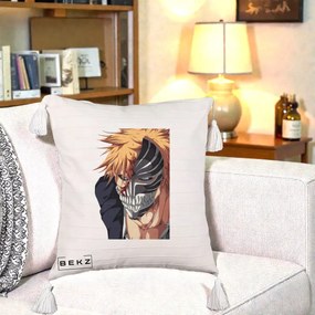 Perna Personalizata Bleach Ichigo Masca Hollow, 40x40 cm, Bej cu Franjuri, Husa Detasabila, Perna Inclusa, BEKZ®