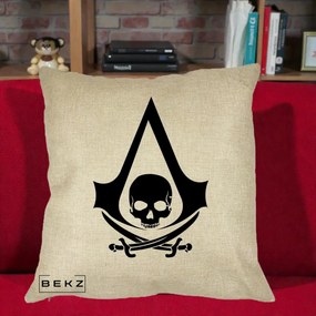 Perna Personalizata Assassin's Creed Black Flag Skull, 40x40 cm, Crem, Husa Detasabila, Perna Inclusa, BEKZ®