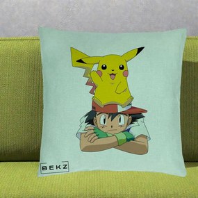 Perna Personalizata Ash si Pikachu, 40x40 cm, Verde Menta, Husa Detasabila, Perna Inclusa, BEKZ®