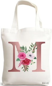Sacosa de Panza pentru Cumparaturi, Geanta Tote, Cu litera M Rose Gold si Trandafiri, 38x34.5 cm, Alba, BEKZ®