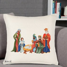 Perna Decorativa Nasterea Domnului Cei Trei Magi Acuarela, 40x40 cm, Crem Reliefat, Husa Detasabila, Perna Inclusa, BEKZ®