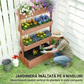 Outsunny Jardinieră Verticală înălțată pe 4 Niveluri, din Lemn pentru Exterior, cu Orificii de Drenaj și Căptușeală Textilă, pentru Plante Aromatice, Flori și Legume, 85x45x140 cm, Maro | Aosom Romania
