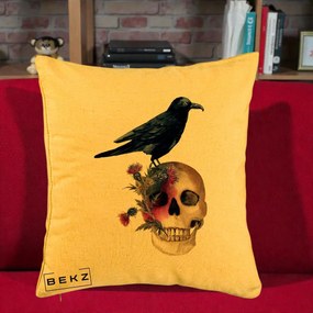 Perna Decorativa Craniu cu Corb si Flori Gothic, 40x40 cm, Galben, Husa Detasabila, Perna Inclusa, BEKZ®