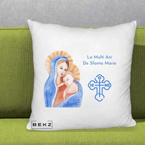 Cadou de Onomastica - Perna Personalizata Sfanta Marie Icoana Acuarela, 40x40 cm, Alb Pufos, Husa Detasabila, Perna Inclusa, BEKZ®