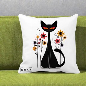 Perna Decorativa Pisica Neagra Ochi Rosii Flori, 40x40 cm, Alba Mata, Husa Detasabila, Perna Inclusa, BEKZ®