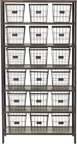 Etajeră metalică vintage în stil industrial, gri, cu 18 coșuri din sârmă și 6 rafturi din sticlă, 171,5 x 89 x 33,5 cm, „Factory”