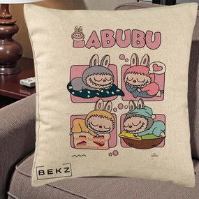 Perna Personalizata Labubu Sleeping Quad Grid, 40x40 cm, Bej, Husa Detasabila, Perna Inclusa, BEKZ®