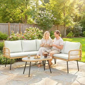 Outsunny Set Mobilier Grădină din Ratan, 4 Piese în Formă de L, cu 2 Canapele, Colțar, Măsuță de Cafea și Perne, Cadru din Oțel, pentru Balcon sau Terasă, Natural/Crem | Aosom Romania