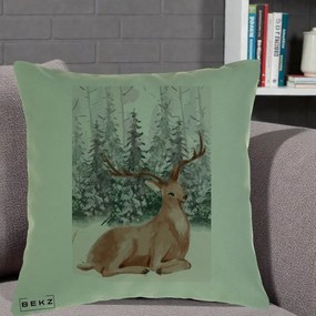 Perna Decorativa Ren in Padure Roz Moale, 40x40 cm, Verde, Husa Detasabila, Perna Inclusa, BEKZ®