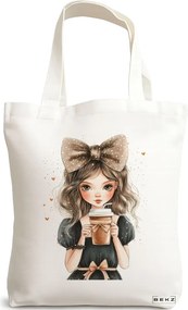 Sacosa de Panza pentru Cumparaturi, Geanta Tote, model The coffee girl 3 38 x 34.5 cm, Alba, BEKZ®