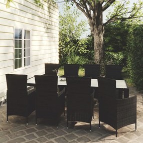 Set mobilier de exterior cu perne, 9 piese, negru, poliratan Alb si negru, Lungime masa 250 cm, 9