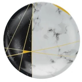 Set de masă, 24 piese, porțelan, negru/alb/auriu