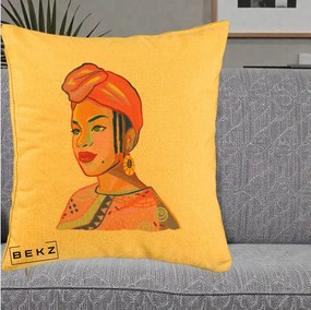 Perna Decorativa Portret Femeie Africana, 40x40 cm, Galben, Husa Detasabila, Perna Inclusa, BEKZ®