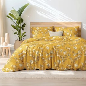 Goldea lenjerie de pat de lux din bumbac satinat - crini pe muștar 140 x 220 și 50 x 70 cm