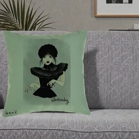 Perna Personalizata Wednesday Addams Portret Gotic, 40x40 cm, Verde, Husa Detasabila, Perna Inclusa, BEKZ®