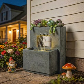 Outsunny Fântână arteziană în 2 trepte, fântână de grădină cu iluminare LED, ghiveci pentru plante, pompă, aspect piatră, reglabil 45 x 31,5 x 58,5 cm | Aosom Romania