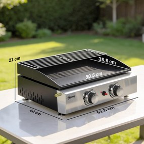 Outsunny Grătar pe gaz 5 kW Tragabil Grătar de masă cu 2 arzătoare, strat ceramic, grilaj, grilaj de menținere la cald | Aosom Romania