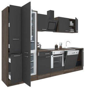 Mobilă de bucătărie Yorki 310, corp din stejar Yorki, față antracit satinat cu element cuptor inferior, frigider congelator inferior