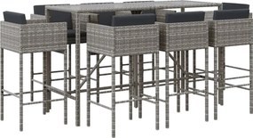 vidaXL Set mobilier bar de grădină, cu perne, 9 piese, gri, poliratan