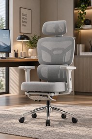 NEXORA CONFORT – Scaun ergonomic, suport lombar 3D adaptiv, tetieră 4D, cotiere 3D, șezut glisant, recliner 135°, suport pentru picioare, bază metalică, Mesh, Gri
