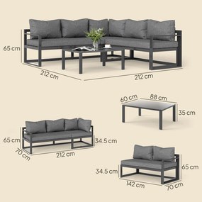 Outsunny Set Mobilier Gradina cu Canapea 3 Locuri, Scaun Adjustable, Set Canapele Exterior cu Masa Laterală și Perne, Aluminiu Gri | Aosom Romania