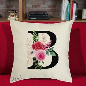 Cadou Personalizat - Perna Personalizata Monograma Florala Litera B, 40x40 cm, Ecru, Husa Detasabila, Perna Inclusa, BEKZ®