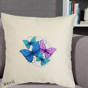 Perna Decorativa Patru Fluturi Turcoaz-Violet, 40x40 cm, Ecru, Husa Detasabila, Perna Inclusa, BEKZ®