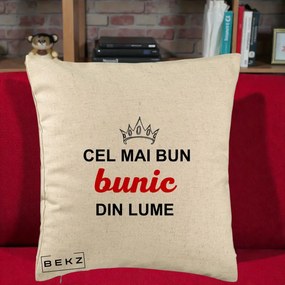 Cadou pentru Bunic - Perna Personalizata Cel Mai Bun Bunic Din Lume Coroana Rosu, 40x40 cm, Bej, Husa Detasabila, Perna Inclusa, BEKZ®