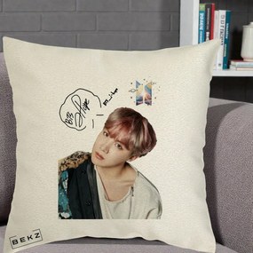 Perna Personalizata K-pop BTS J-Hope Par Roz Autograf, 40x40 cm, Ecru, Husa Detasabila, Perna Inclusa, BEKZ®