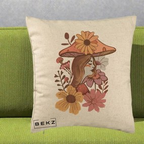 Perna Decorativa Fata Ciuperca Florala Boho, 40x40 cm, Bej, Husa Detasabila, Perna Inclusa, BEKZ®