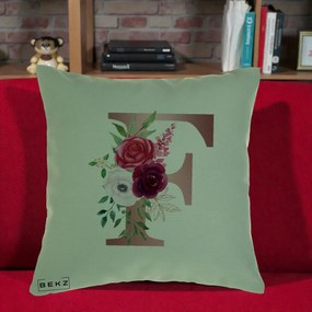 Cadou Personalizat - Perna Personalizata Monograma Rose Gold Litera F, 40x40 cm, Verde, Husa Detasabila, Perna Inclusa, BEKZ®