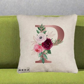 Cadou Personalizat - Perna Personalizata Monograma Rose Gold Litera P, 40x40 cm, Bej Canapea, Husa Detasabila, Perna Inclusa, BEKZ®