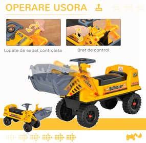 HOMCOM Excavator Jucărie Galben cu Volan Manual și Compartiment Ascuns, pentru Copii 2-3 Ani, 70x26x37cm | Aosom Romania