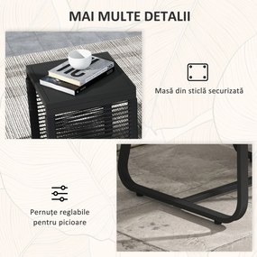 Outsunny Set de Mobilier de Grădină din 3 Piese din Ratan, Set cu Masă din Sticlă Securizată și Perne Moi, 53x57x77 cm, Negru | Aosom Romania