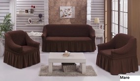Set huse elastice si creponate pentru canapea 3 locuri si 2 fotolii, cu volanas, culoare Maro